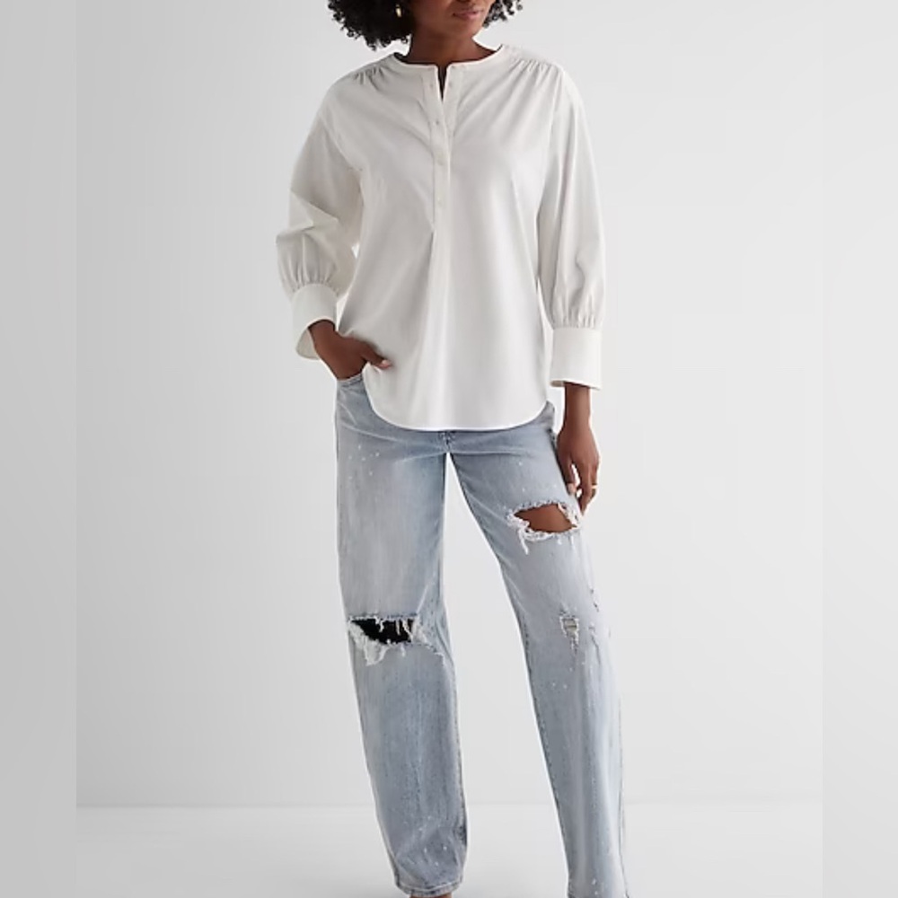 Express Gathered Sleeve Half Button Up Shirt - M